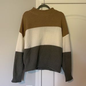 Zesica Women’s Oversized Chunky Knitted Sweater, Tan/Gray striped, size L